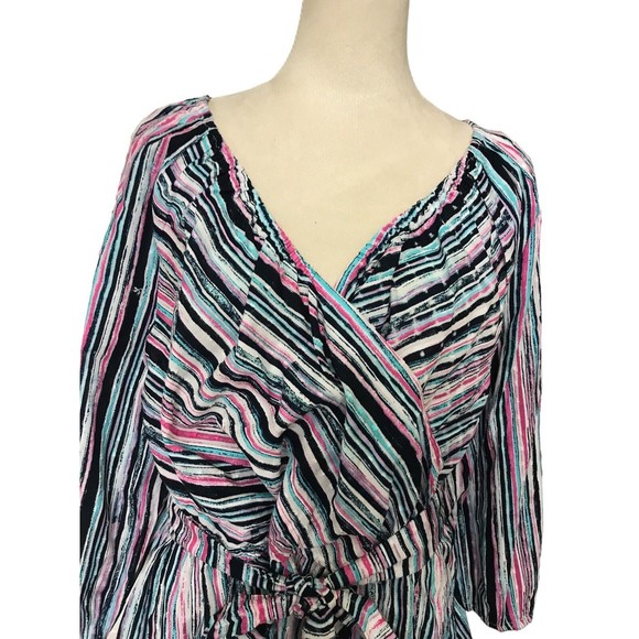 Lane Bryant 22/24 Stripe Overlap Elastic Tie Waist Peplum Cotton Embroidered Top - Picture 2 of 10